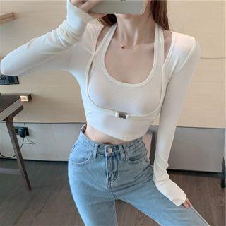 Long-sleeve Halter Mock Two-piece Crop Top