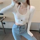 Long-sleeve Halter Mock Two-piece Crop Top