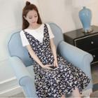 Set: Plain Short Sleeve T-shirt + Floral Print Spaghetti Strap Dress