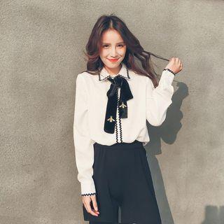 Set: Bow Neck Blouse + Wide Leg Slit Pants