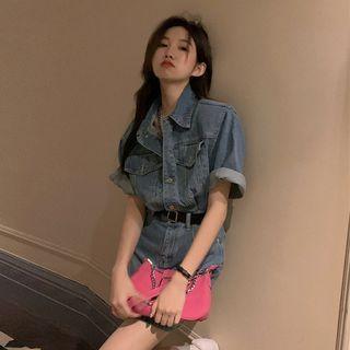 Set: Elbow-sleeve Denim Dress + Belt
