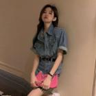 Set: Elbow-sleeve Denim Dress + Belt