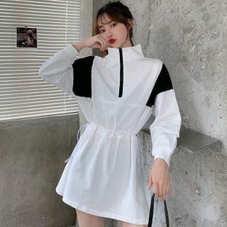 Long-sleeve Stand-collar Two-tone Mini Sweatshirt Dress