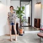 3/4-sleeve Tie-front Floral A-line Top