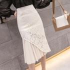 Lace Panel Pleated Trim Midi Straight-fit Skirt