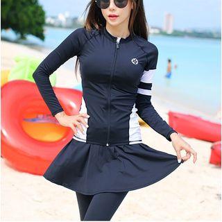 Set: Long-sleeve Rash Guard + Bikini Top + Pants + Swim Skirt