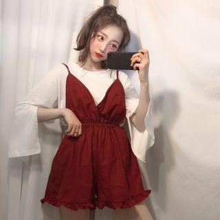 Slit Long-sleeve T-shirt / Frill Trim Jumper Shorts