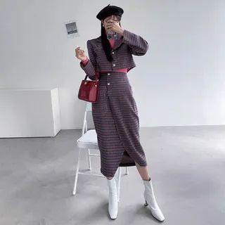 Set: Cropped Plaid Jacket + Slit-front Midi Skirt