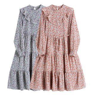 Floral Print Crinkled Long-sleeve Midi Dress