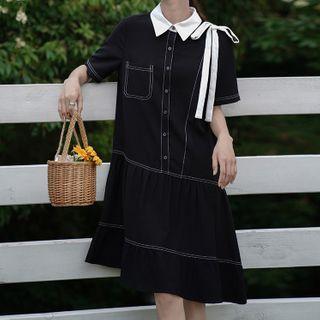 Contrast Stitching Short-sleeve Ruffle Hem A-line Dress