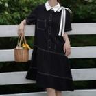 Contrast Stitching Short-sleeve Ruffle Hem A-line Dress
