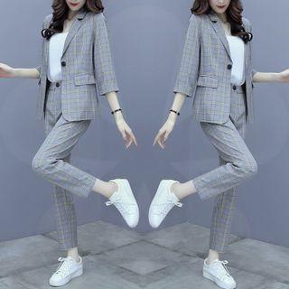Set: Long-sleeve Plaid Blazer + High-waist Plaid Pants