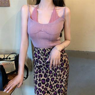 Mock Two-piece Spaghetti Strap Top / Leopard Print Side-slit A-line Skirt