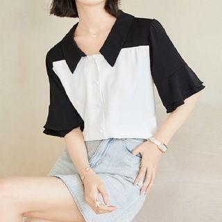 Bell-sleeve Collar Two-tone Blouse