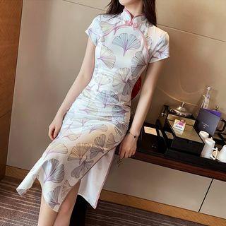 Slit-side Printed Cap-sleeve Midi Cheongsam