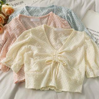 Checker Drawstring V-neck Light Top