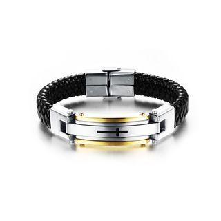 Fashion And Elegant Plated Gold Cross 316l Stainless Steel Leather Bracelet Golden - One Size