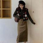 Plain Sweater / Argyle Knit Vest / Midi Straight-fit Skirt