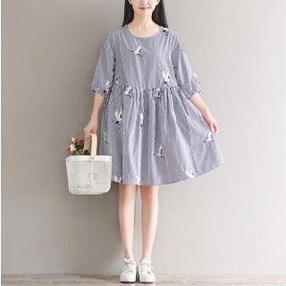 Crane Embroidered Striped Elbow Sleeve Dress