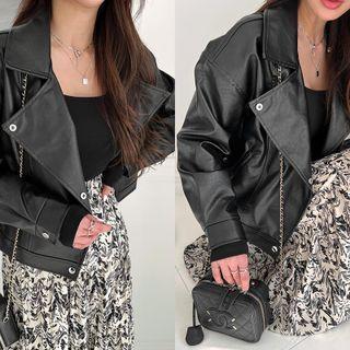 Buttoned Faux Leather Biker Jacket Black - One Size