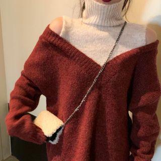 Mock Two-piece Cold Shoulder Turtleneck Sweater