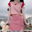 Cap-sleeve Knit Top / Plaid Mini Fitted Skirt
