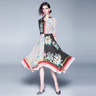 3/4-sleeve Floral Polka Dot Asymmetric A-line Midi Dress