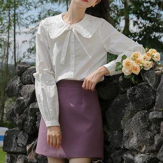 Embroidered Collared Ribbon-accent Blouse White - One Size