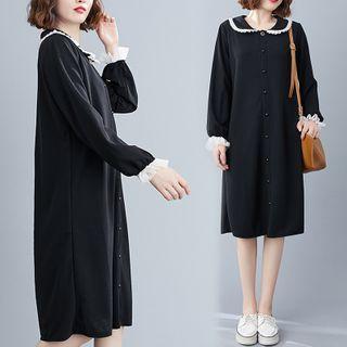 Long-sleeve Round Collar Frill Trim Shirtdress Black - One Size