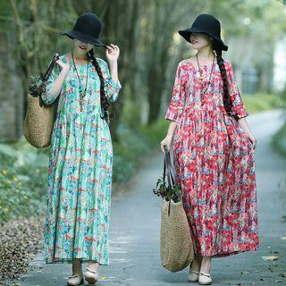 Floral 3/4-sleeve Linen Pleated Maxi Dress