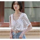 Heart Print Short-sleeve Drawstring Cropped Blouse White - One Size