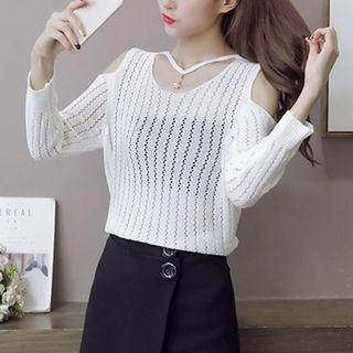 Cut Out Shoulder Perforated Long Sleeve Knit Top