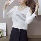 Cut Out Shoulder Perforated Long Sleeve Knit Top