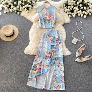 Set Of 2 : Print Sleeveless Top + Floral Asymmetrical Skirt