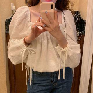 Lantern-sleeve Square Neck Blouse White - One Size