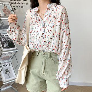 Long-sleeve Stand-collar Floral Shirt Floral - Shirt - One Size