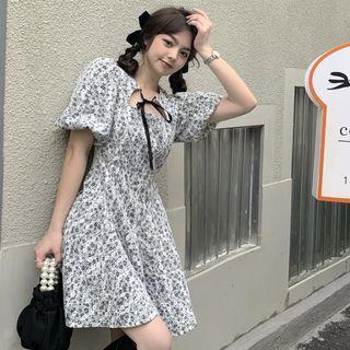 Puff-sleeve Floral Mini A-line Dress Gray & White - One Size