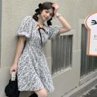 Puff-sleeve Floral Mini A-line Dress Gray & White - One Size