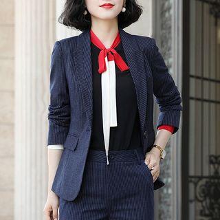 Ribbon Blouse / Pinstriped Dress Pants / Pinstriped Blazer