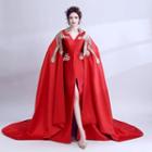 Embroidered Cape-sleeve Sheath Evening Gown