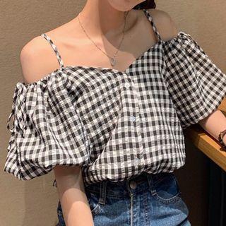 Short-sleeve Off-shoulder Gingham Check Top