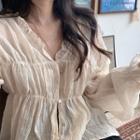 Long-sleeve Frill Trim Crinkled Top