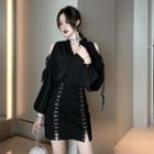 Lace Up Long-sleeve Blouse / Lace Up A-line Skirt