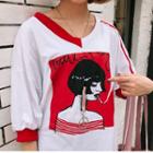 Printed Elbow-sleeve V-neck T-shirt