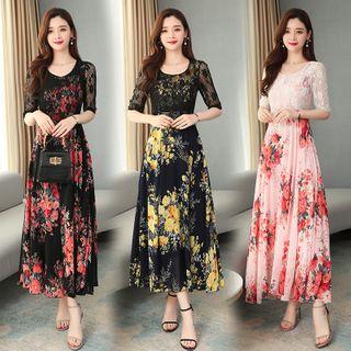 Lace Short Sleeve Panel Floral Print A-line Dress