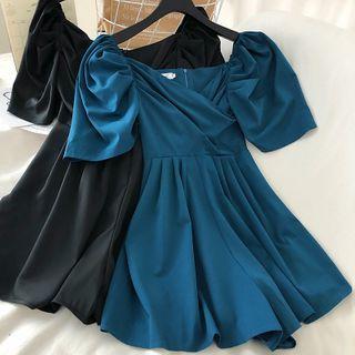 Plain Puff-sleeve Wrap A-line Dress