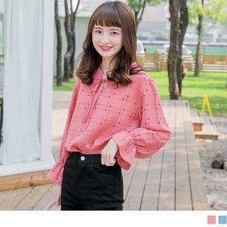 Lace-up Plaid Ruffled-trim Top