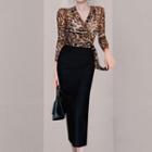 Set: Leopard Print Blouse + Midi Fitted Skirt