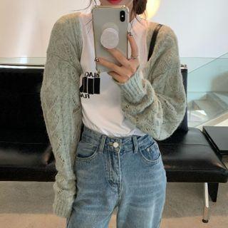Pointelle Knit Cardigan Shrug / Print T-shirt