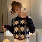 Argyle Knit Polo Shirt Navy Blue - One Size